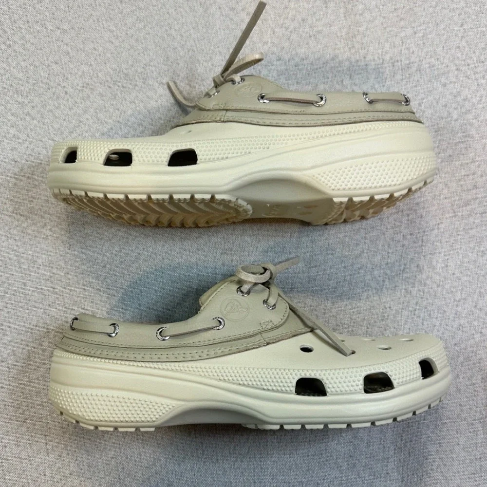 Crocs Beach Line Boat Shoe Mens 10 Womens 12 Tan Leather Classic Preppy Nautical